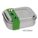 Edelstahl Kinder Brotdose / Lunchbox mit Fußball Gravur, grünes Band - TapirElla - 10706