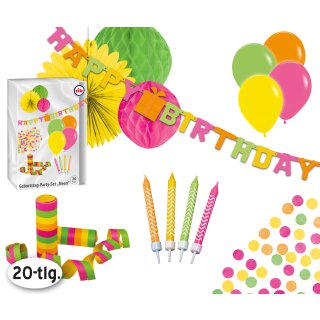 Party Set Geburtstag - "Neon" mit 20 Teilen - Dekoration für Geburtstag und Party