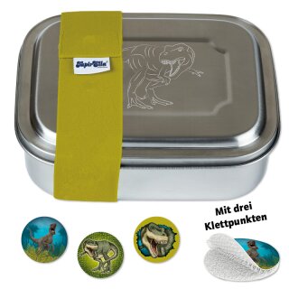 Edelstahl Kinder Brotdose / Lunchbox mit T-Rex Gravur - Dinosaurier, grünes Band - TapirElla - 10700