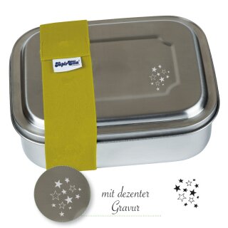 Edelstahl Kinder Brotdose / Lunchbox mit Sterne Gravur , grünes Band - TapirElla - 10702