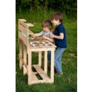 TollesfürKinder Matschküche aus Holz, vollmassive Garten Kinderküche, Durchlass für Gartenschlauch, mit Wasserspender und 5 Edelstahl Schüsseln, Nachhaltig, ca 80x40x94cm