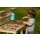 TollesfürKinder Matschküche aus Holz, vollmassive Garten Kinderküche, Durchlass für Gartenschlauch, mit Wasserspender und 5 Edelstahl Schüsseln, Nachhaltig, ca 80x40x94cm
