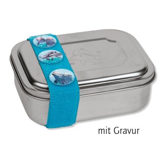 Edelstahl Kinder Brotdose / Lunchbox mit Delfin Gravur, blaues Band - TapirElla - 10704